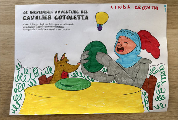 Una lettrice appassionata consegna il suo capolavoro: l'immagine colorata dell'illustrazione che ritrae un episodio de Le Incredibili Avventure del Cavalier Cotoletta dell'autore Paolo Mascherpa.